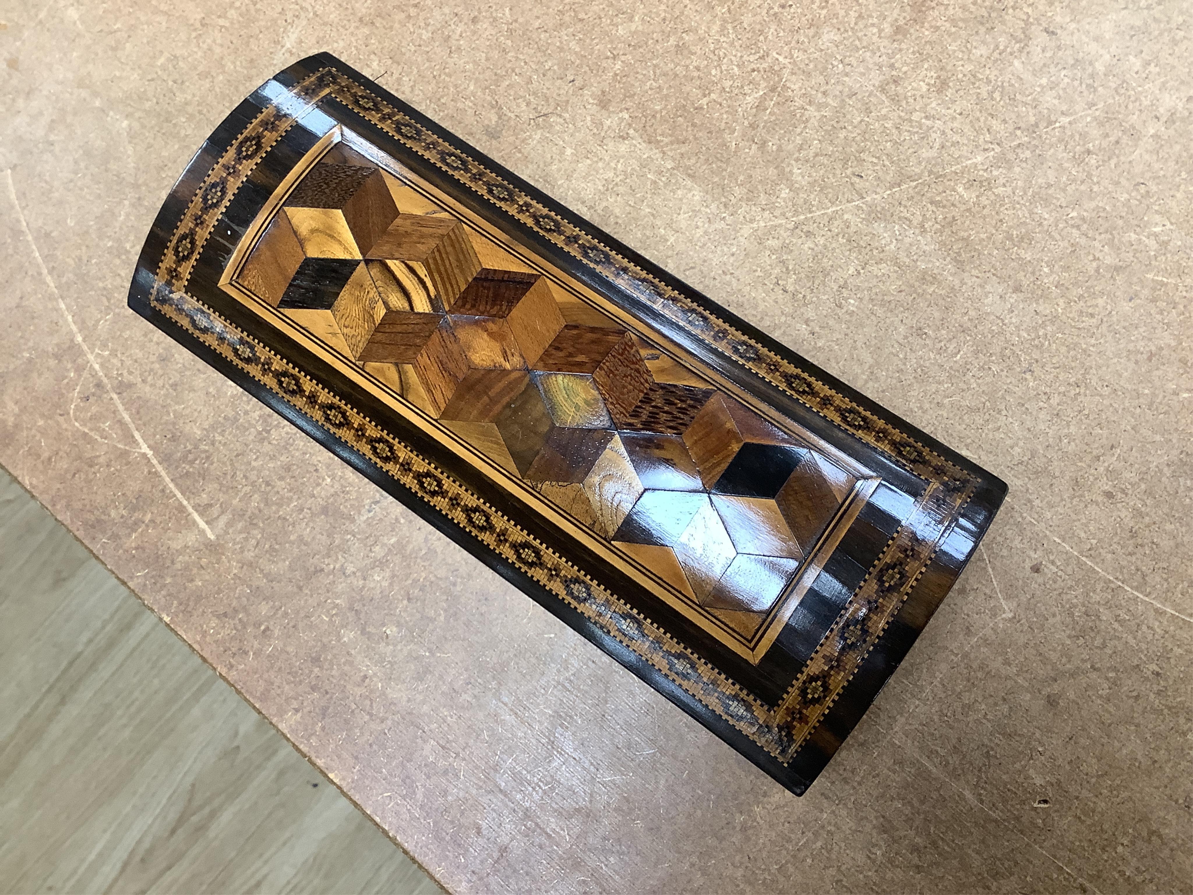 A Tunbridgeware specimen cube marquetry and Tesserae Mosaic domed glove box, c.1840, with silk lining, 24cm wide